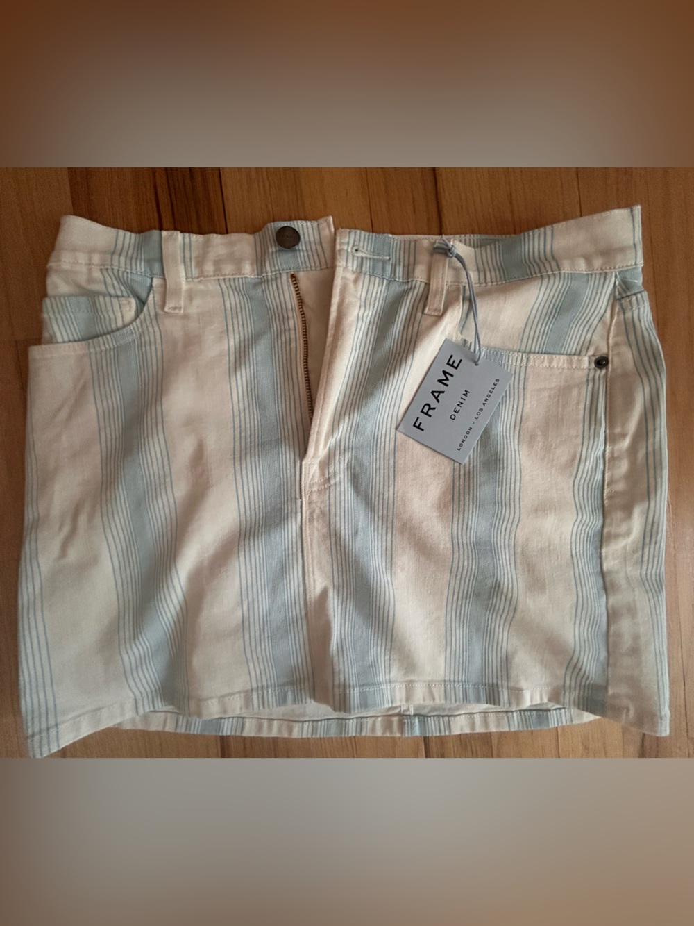 Frame Denim Striped Mini Skirt in Cream and Light Blue